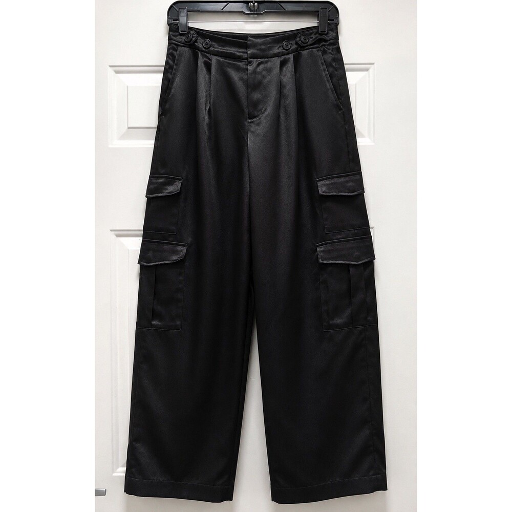 A New Day Satin Cargo Pants Womens 2 Black High Rise Wide Leg Utility Pleated